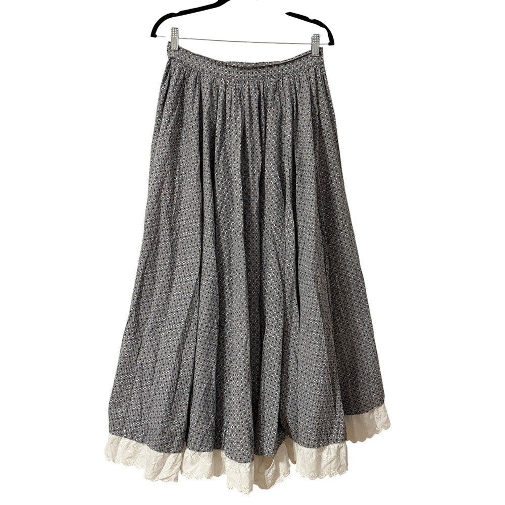 Vintage Ren Faire Prairie Maxi Skirt Womens Size M Grey Floral Eyelet Lace Trim - Picture 2 of 7